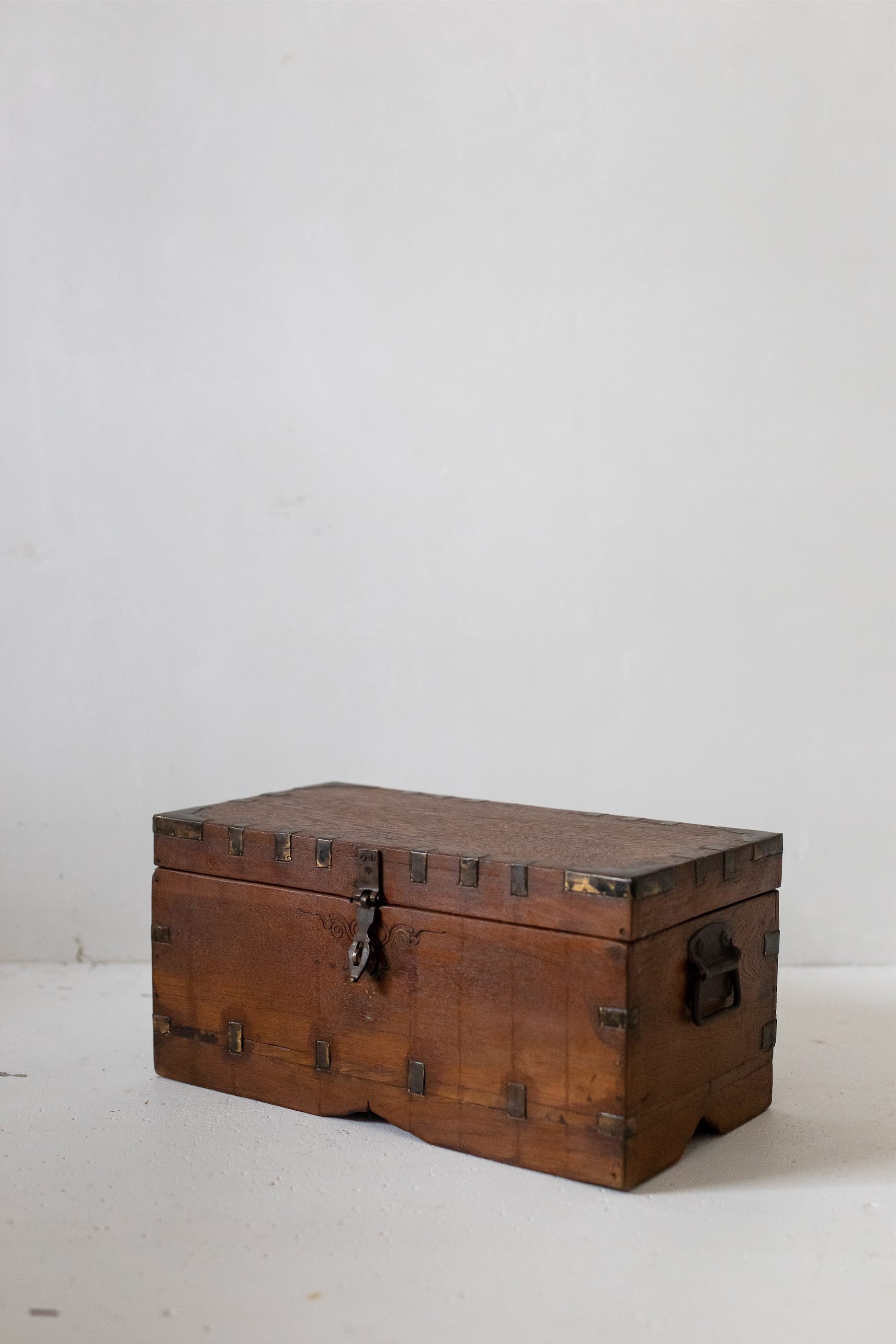 Wooden Box With Brass Detail + Carving Under Latch
