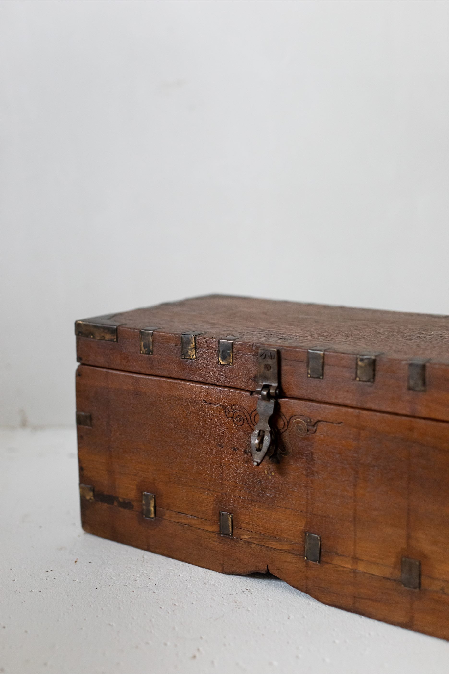 Wooden Box With Brass Detail + Carving Under Latch