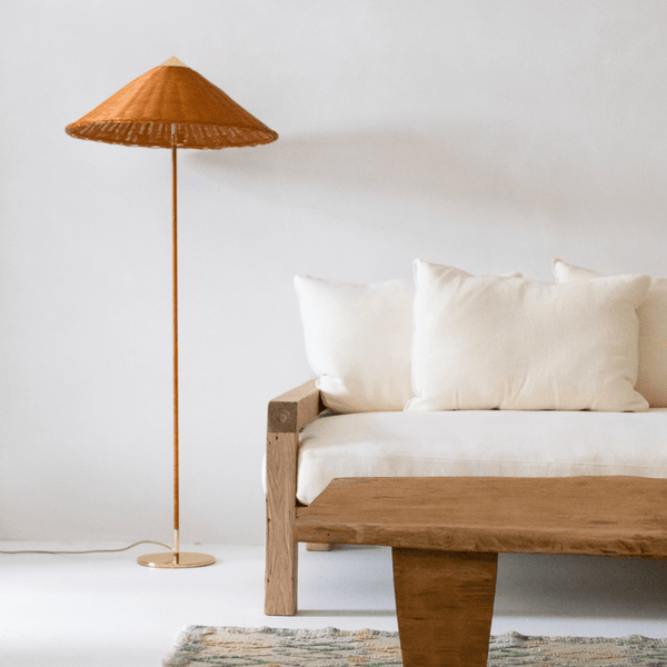 9602 Floor Lamp Brass Base Wicker Willow GUBI