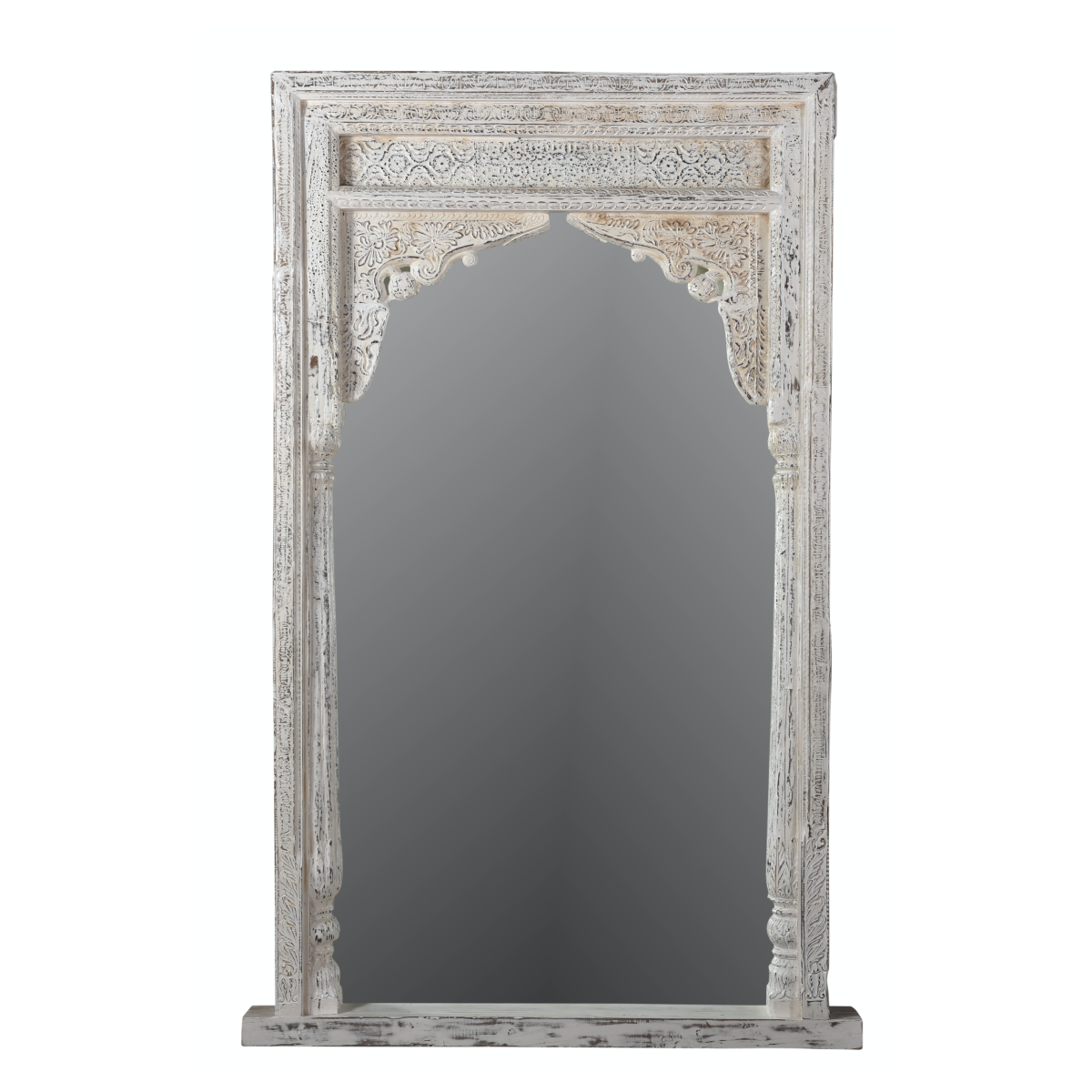 Carved Indian Arched Mirror in Aged White